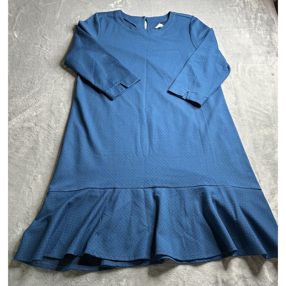 J. Jill Polka Dot Ponte Knit Ruffle Hem Dress Large Blue Casual Career Party
